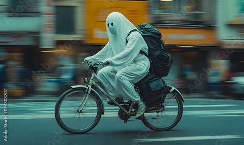 A cute white ghost riding a bicycle at full speed down a street, Photography design,


 photo