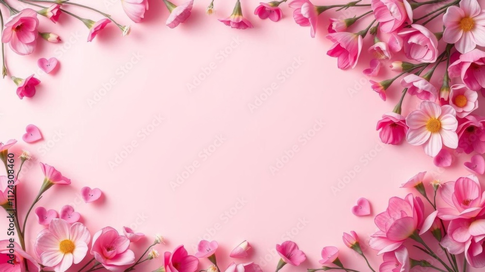 Beautiful floral frame with pastel hearts and vibrant flowers on soft pink background, perfect for celebrations, invitations, greeting cards, celebrations, pink, pastel Beautiful floral frame with pastel hearts and vibrant flowers on soft pink background, perfect for celebrations, invitations, greeting cards, celebrations, pink, pastel