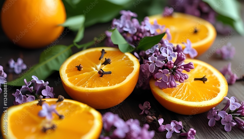 Freshly cut orange slices with lilac flowers food presentation natural setting close-up view vibrant colors for healthy eating inspiration Freshly cut orange slices with lilac flowers food presentation natural setting close-up view vibrant colors for healthy eating inspiration