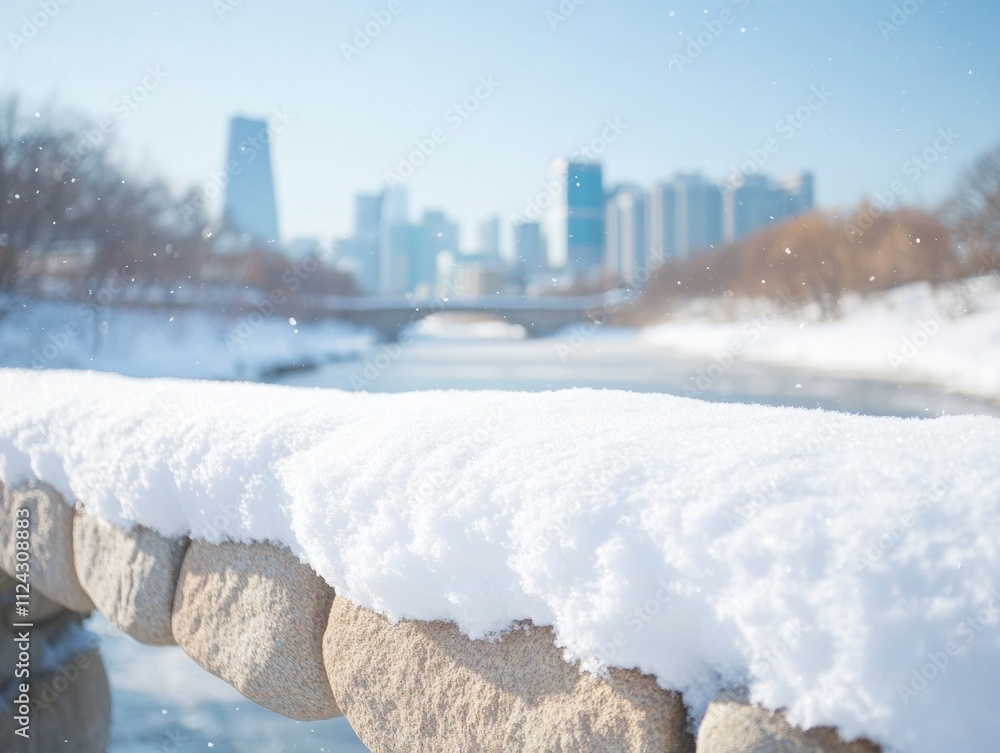 Traditional Snow-Covered Korean Stone Bridge with Urban Skyline in Winter Traditional Snow-Covered Korean Stone Bridge with Urban Skyline in Winter