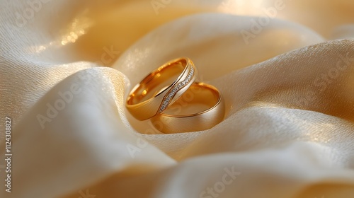 A pair of golden wedding bands resting on a soft fabric with soft lighting