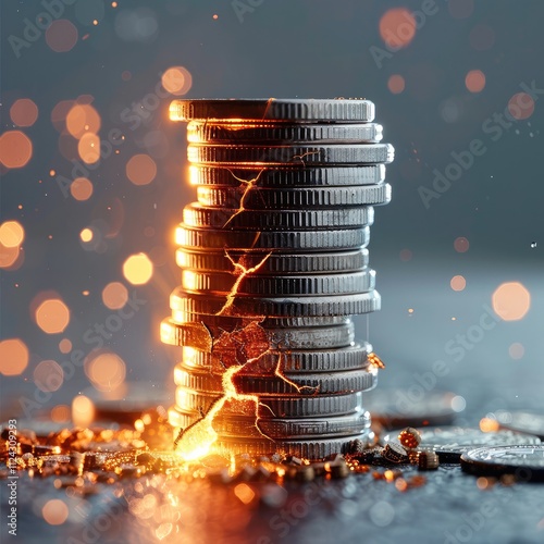 A stack of coins tipping precariously, with tiny cracks forming at the base, but a glowing figure stabilizes the stack from above. photo