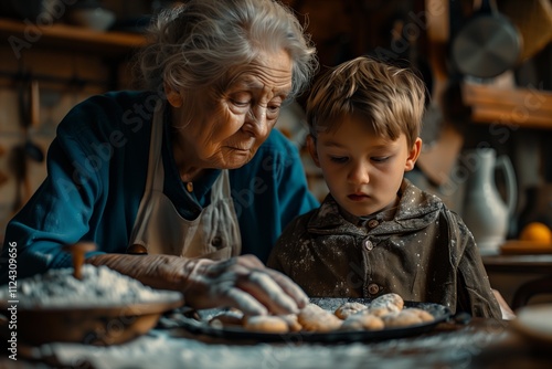 A heartwarming moment between a grandmother and her grandson while baking together.