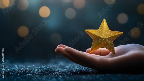 A hand holding a golden star in front of a dark background symbolizing dreams and success