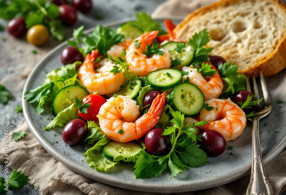 A plate of seafood salad with shrimp, cucumber, olives, and a slice of bread A plate of seafood salad with shrimp, cucumber, olives, and a slice of bread