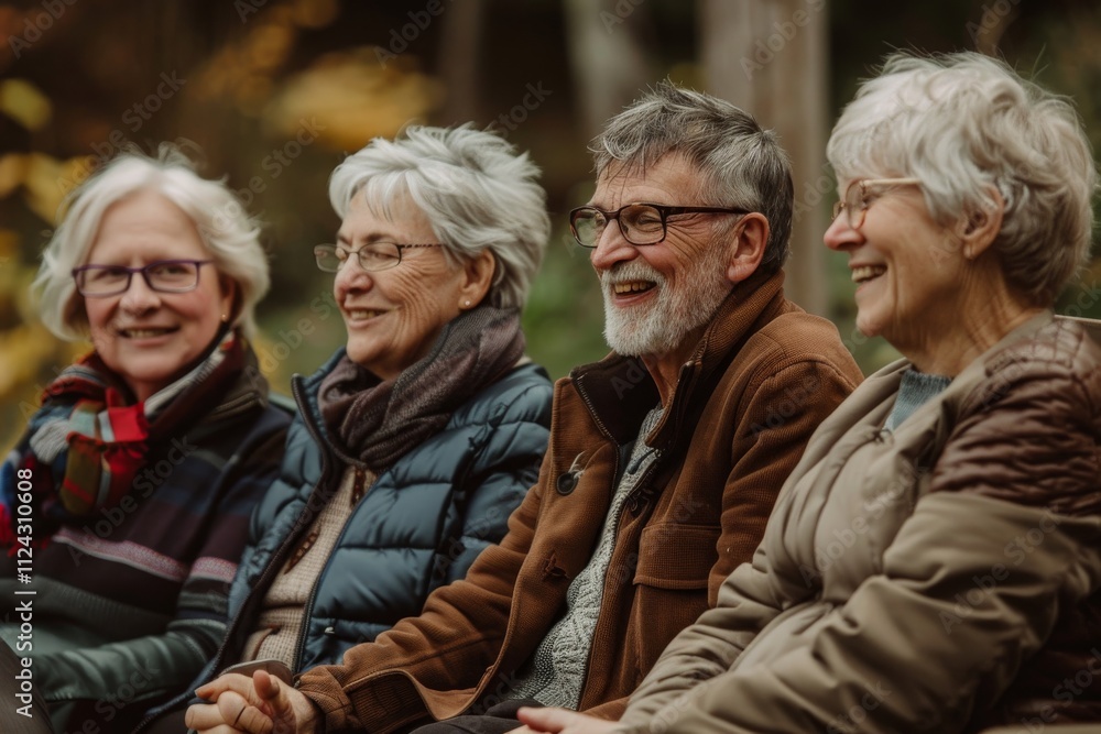 Group of seniors sitting in the park and laughing. Focus on the elderly woman Group of seniors sitting in the park and laughing. Focus on the elderly woman