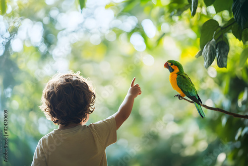 child points at colorful bird in lush green environment, filled with wonder
