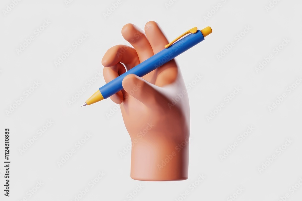 A 3D rendered image of a cartoon hand holding a blue pen, ready to write. A 3D rendered image of a cartoon hand holding a blue pen, ready to write.