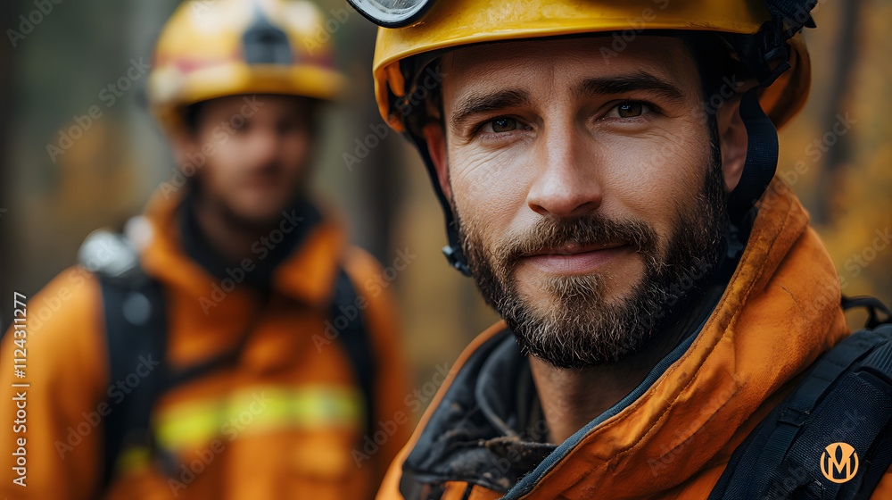 Portrait of Firefighter in Protective Gear Outdoors confident firefighter wearing protective gear, with a fellow firefighter blurred in the background, set in a forest environment. Portrait of Firefighter in Protective Gear Outdoors confident firefighter wearing protective gear, with a fellow firefighter blurred in the background, set in a forest environment.