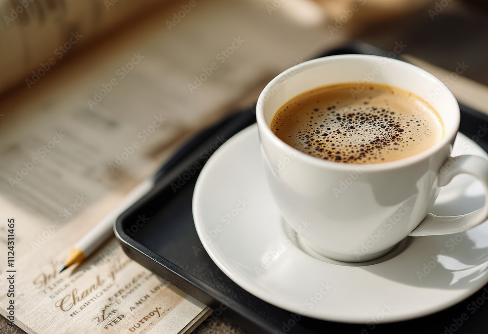 A white ceramic cup filled with a hot beverage, likely coffee, placed on a black tray or surface along with a pencil A white ceramic cup filled with a hot beverage, likely coffee, placed on a black tray or surface along with a pencil