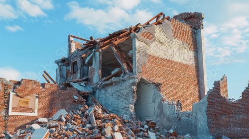 A partially collapsed brick building showcasing extensive damage against a bright blue sky. photo