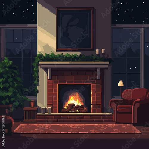 Create pixel art cozy home scenes with fireplaces, vector icon design, flat style.