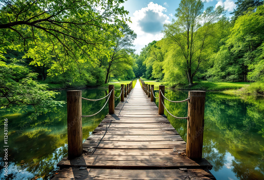 Fototapeta premium A wooden bridge crossing over a calm lake surrounded by trees and greenery