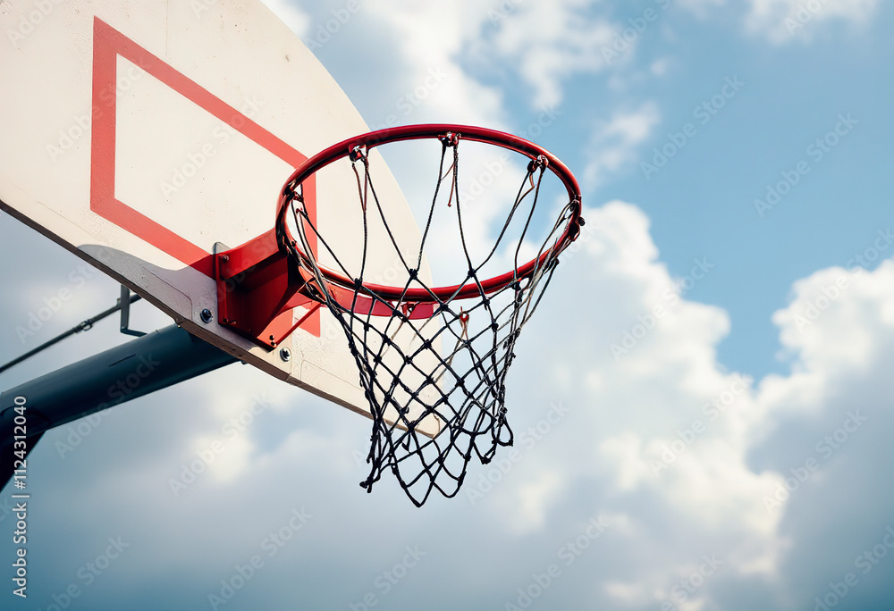 Basketball hoop with a red rim and net against a cloudy blue sky Basketball hoop with a red rim and net against a cloudy blue sky