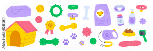 Dogs grooming supplies set. Flat vector dogs accessories collection. Cartoon pet goods bundle.
