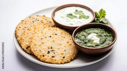 Delicious Indian Cuisine Featuring Crisp Papadum Served with Refreshing Yogurt Dip and Flavorful Green Chutney on a White Plate