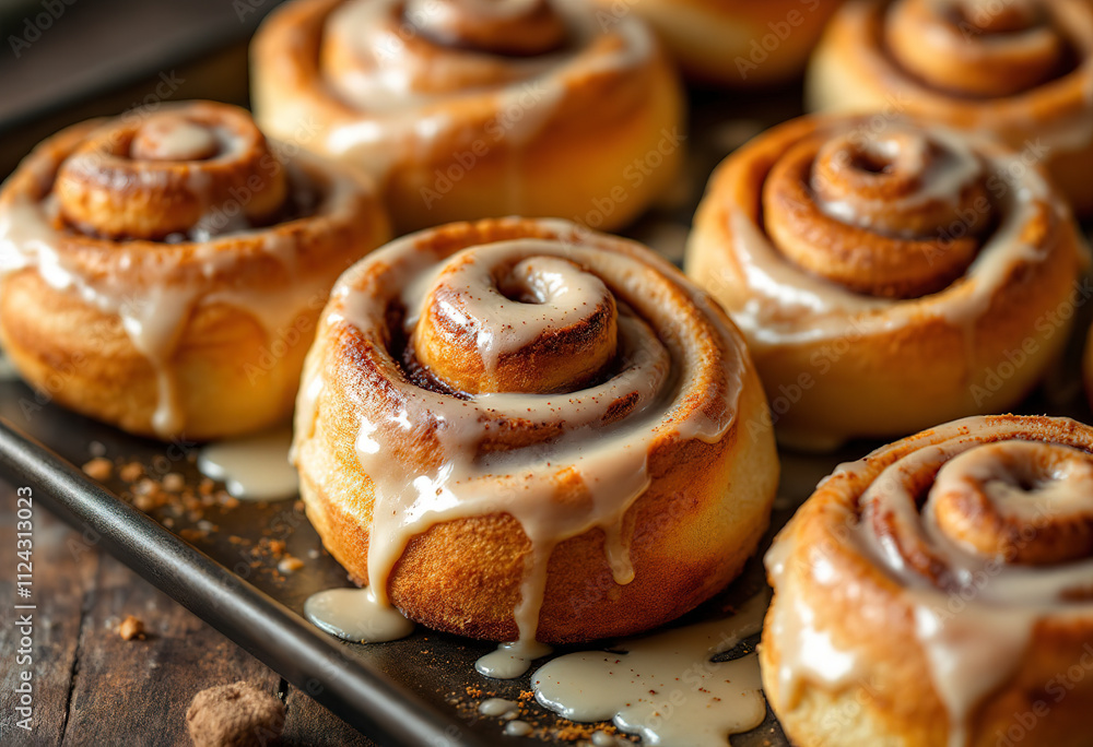 Freshly baked cinnamon rolls with a creamy glaze, arranged on a dark baking tray Freshly baked cinnamon rolls with a creamy glaze, arranged on a dark baking tray