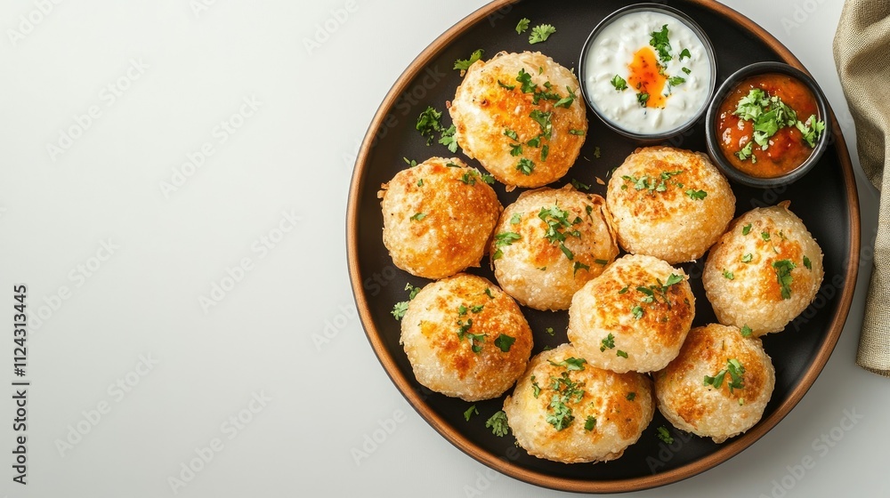 Freshly Prepared Savory Indian Snack Platter Featuring Crispy Dosa Balls with Green Chutney and Yogurt Dip Garnished with Fresh Herbs and Spices Freshly Prepared Savory Indian Snack Platter Featuring Crispy Dosa Balls with Green Chutney and Yogurt Dip Garnished with Fresh Herbs and Spices