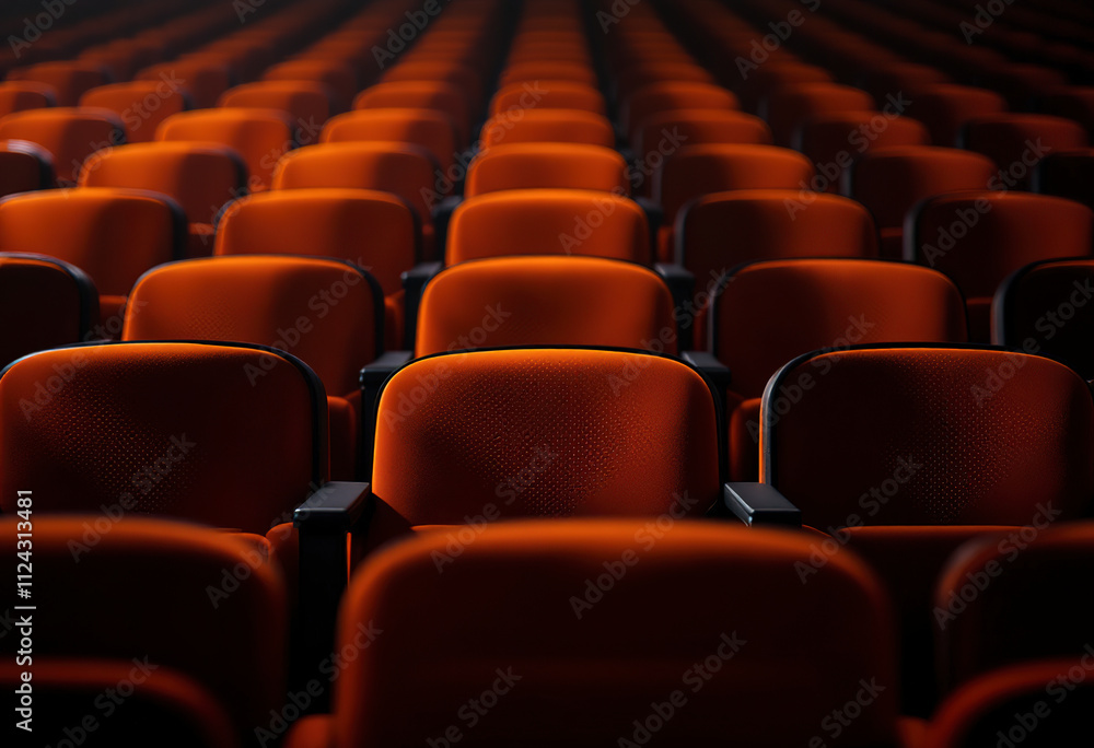 Fototapeta premium Rows of orange and black chairs in an auditorium or theater