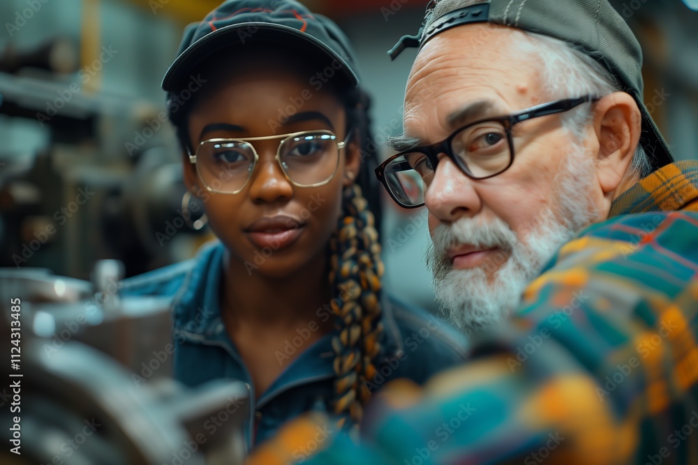 A mentor teaches a young apprentice in a workshop setting, showcasing teamwork and skill. A mentor teaches a young apprentice in a workshop setting, showcasing teamwork and skill.