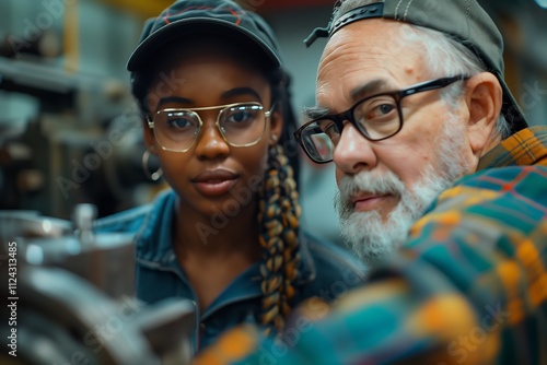 A mentor teaches a young apprentice in a workshop setting, showcasing teamwork and skill.