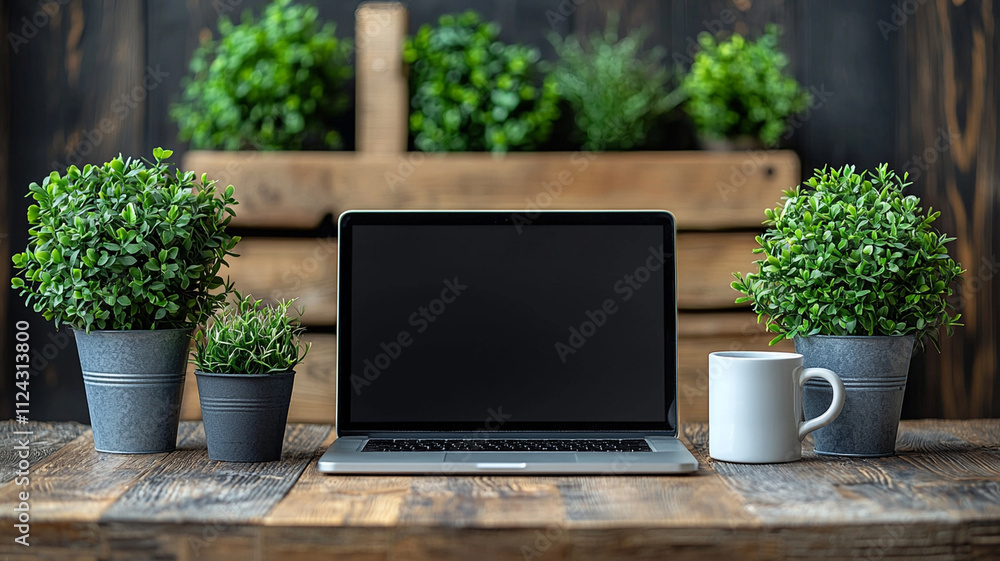 modern workspace desk with laptop, plants, and coffee mug modern workspace desk with laptop, plants, and coffee mug