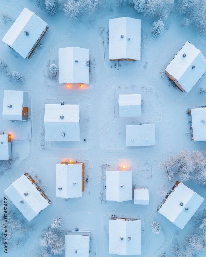 Aerial View of Snow-Covered Small Town Illuminated by Warm Glowing Windows at Dusk Aerial View of Snow-Covered Small Town Illuminated by Warm Glowing Windows at Dusk
