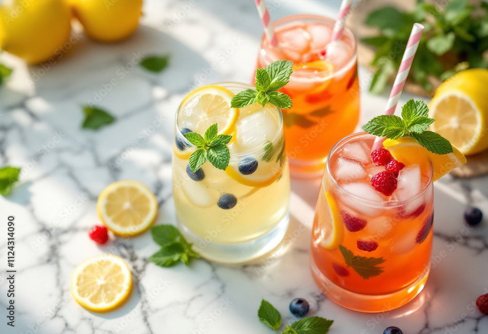 Three glasses of refreshing summer drinks with lemon slices, mint leaves, and other fruit garnishes on a marble surface Three glasses of refreshing summer drinks with lemon slices, mint leaves, and other fruit garnishes on a marble surface