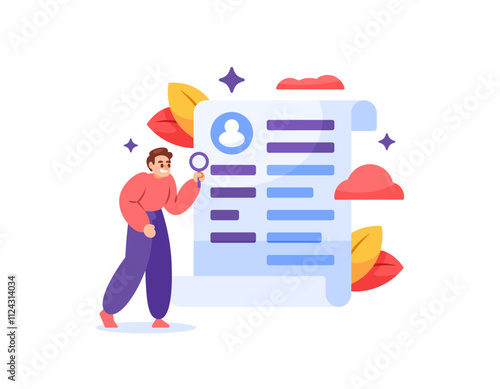 concept of recruiting new workers or employees. job vacancies. illustration of HR or Human Resources staff checking and analyzing resume or curriculum vitae files from job applicants. flat style