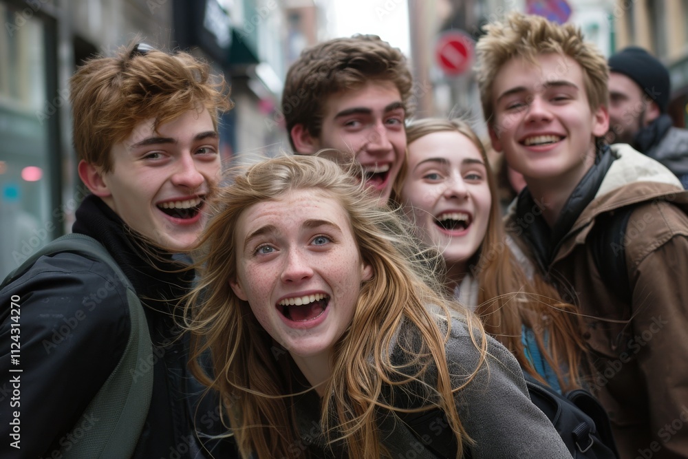 Group of young people laughing and having fun on the city street. Group of young people laughing and having fun on the city street.