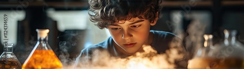 A science experiment with a student holding a beaker, observing a chemical reaction photo