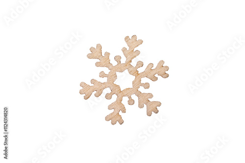 World Snow Day. Flake Appreciation Day. Illustration of a wooden snowflake with texture. Decorative snowflake isolated on white background. Snowflake, winter element for the design of holiday cards.