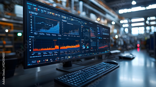 Wallpaper Mural Wide monitor displays with real-time data analytics and performance charts in a modern industrial control room, highlighting precision and technological advancements. Torontodigital.ca