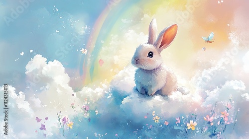 A fluffy white bunny sits on clouds in a pastel sky