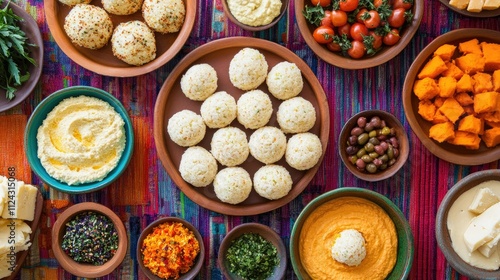 A Colorful Array of Assorted Dishes Featuring Rice Balls, Fresh Vegetables, and Dips Perfect for a Festive Gathering or Healthy Meal Preparation