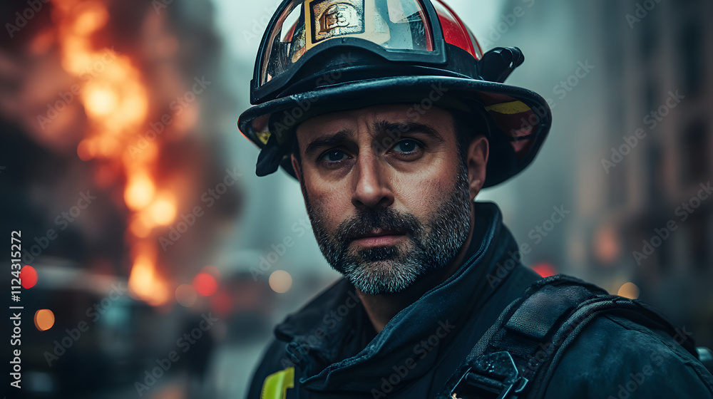 Close-up portrait of a firefighter in full gear, standing amidst an urban fire scene with flames and smoke in the background, showcasing courage and dedication. Close-up portrait of a firefighter in full gear, standing amidst an urban fire scene with flames and smoke in the background, showcasing courage and dedication.