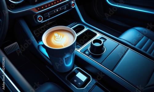 Luxury car interior with coffee cup featuring latte art in neon lighting photo