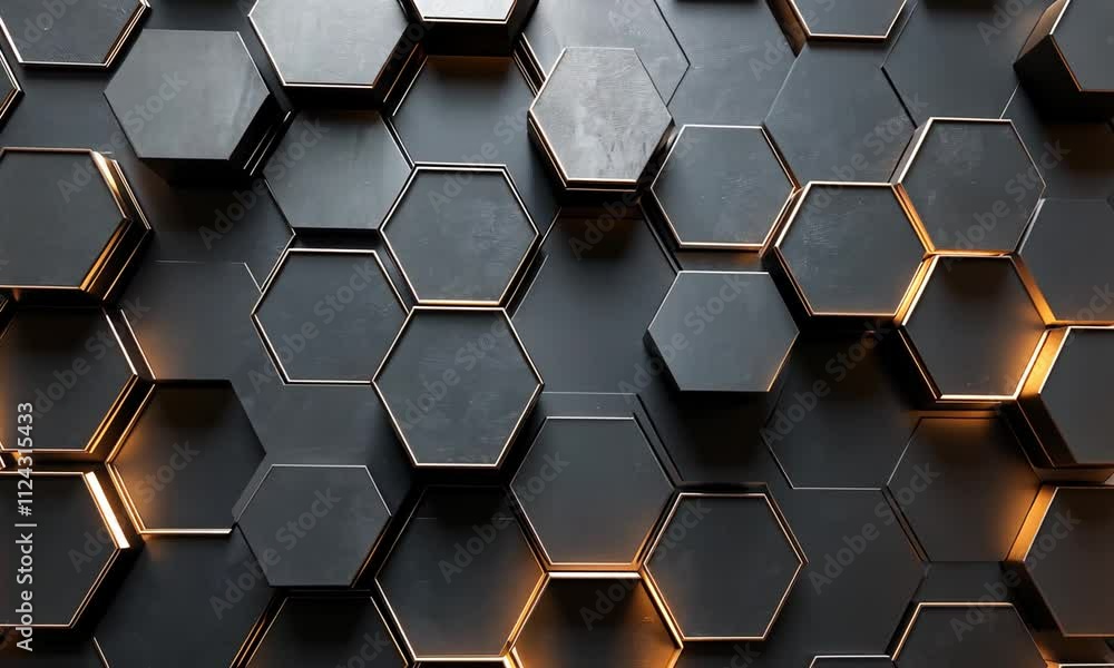 Abstract 3D hexagon pattern with dark grey and gold accents. Abstract 3D hexagon pattern with dark grey and gold accents.