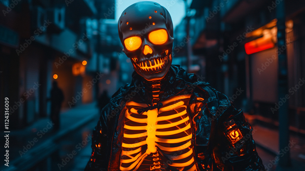 Wearing a skeleton outfit with glowing bones. Wearing a skeleton outfit with glowing bones.