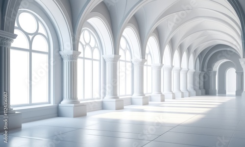 Sunlit gothic cathedral corridor with arched windows and columns