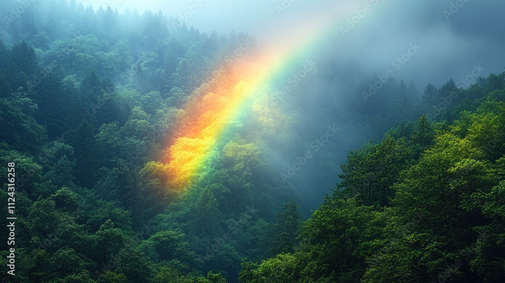 A mystical rainbow illuminating the edge of a dense forest, with its vibrant colors appearing almost tangible as they blend into the morning mist, A mystical rainbow illuminating the edge of a dense forest, with its vibrant colors appearing almost tangible as they blend into the morning mist,