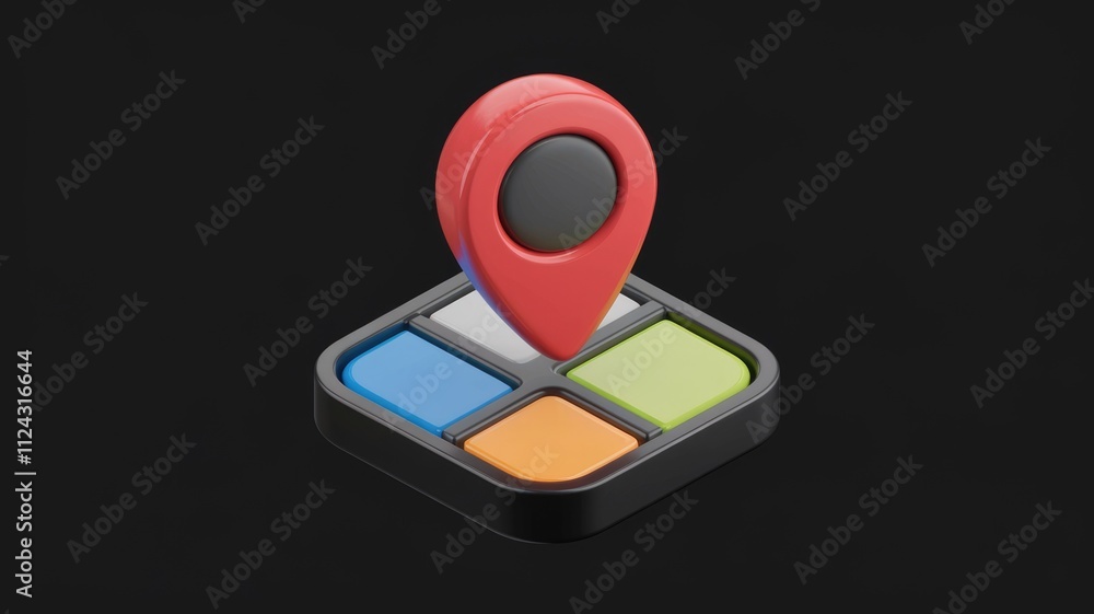 3D render of a location pin on a colorful square grid, representing location-based services or navigation. 3D render of a location pin on a colorful square grid, representing location-based services or navigation.