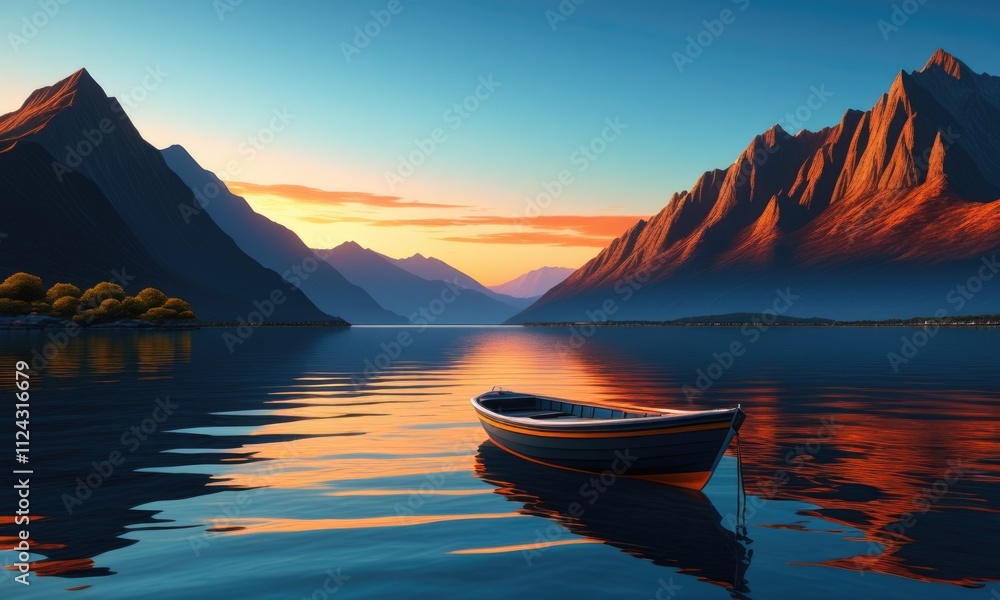 Serene sunrise over majestic mountain lake with tranquil boat reflections Serene sunrise over majestic mountain lake with tranquil boat reflections