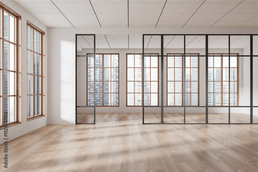 Minimalist spacious office interior with wooden flooring and large glass partitions. 3D Rendering Minimalist spacious office interior with wooden flooring and large glass partitions. 3D Rendering