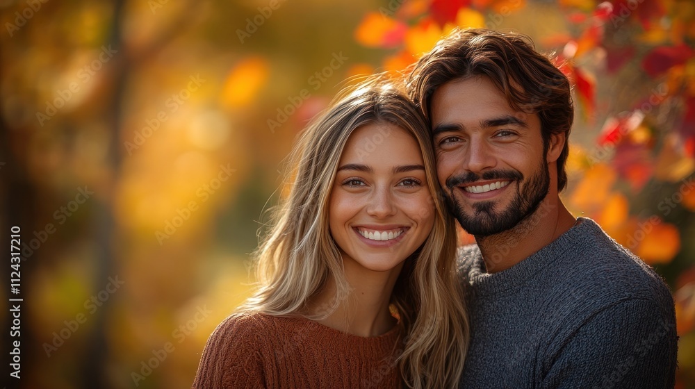 A couple smiling together in a vibrant autumn setting. A couple smiling together in a vibrant autumn setting.