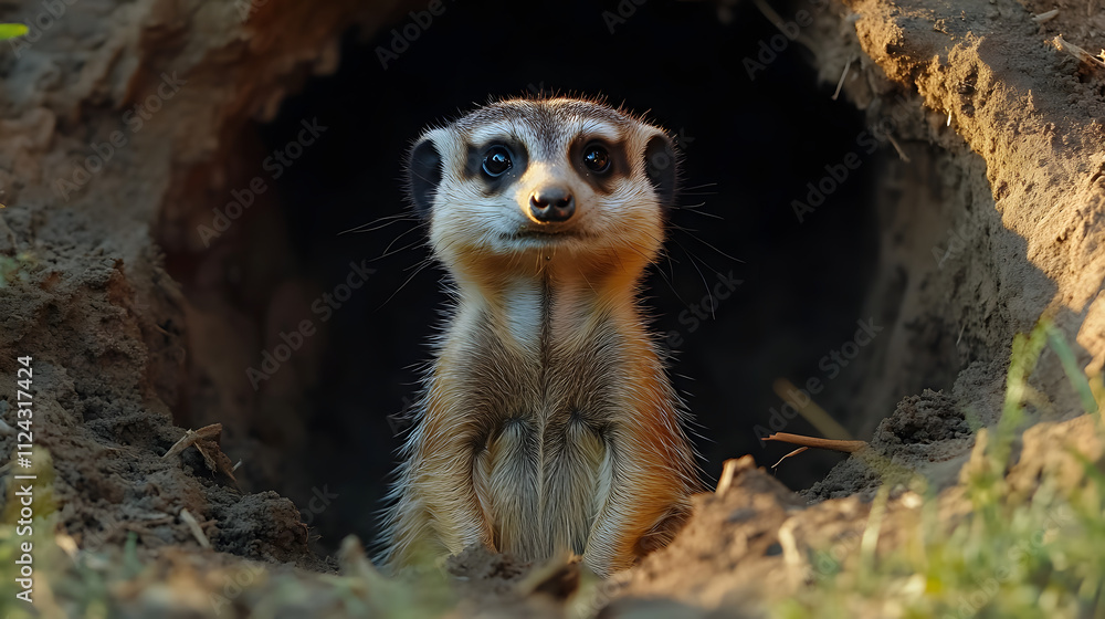 Fototapeta premium meerkat stands at the entrance of its burrow, surrounded by earthy terrain and soft grass, showcasing its alert and curious behavior in a natural environment.