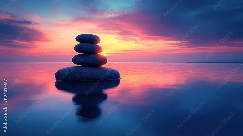 A peaceful riverbank at dusk, with a towering stack of stones silhouetted against the colorful twilight sky, reflecting the stillness and beauty of the moment A peaceful riverbank at dusk, with a towering stack of stones silhouetted against the colorful twilight sky, reflecting the stillness and beauty of the moment