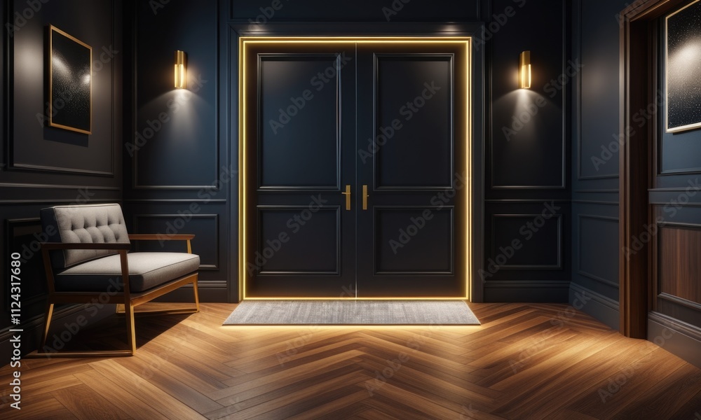 Fototapeta premium Elegant interior with illuminated double doors and modern lighting in dark tones