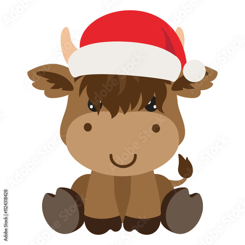 Cute sitting Christmas Highland baby cow vector cartoon illustration