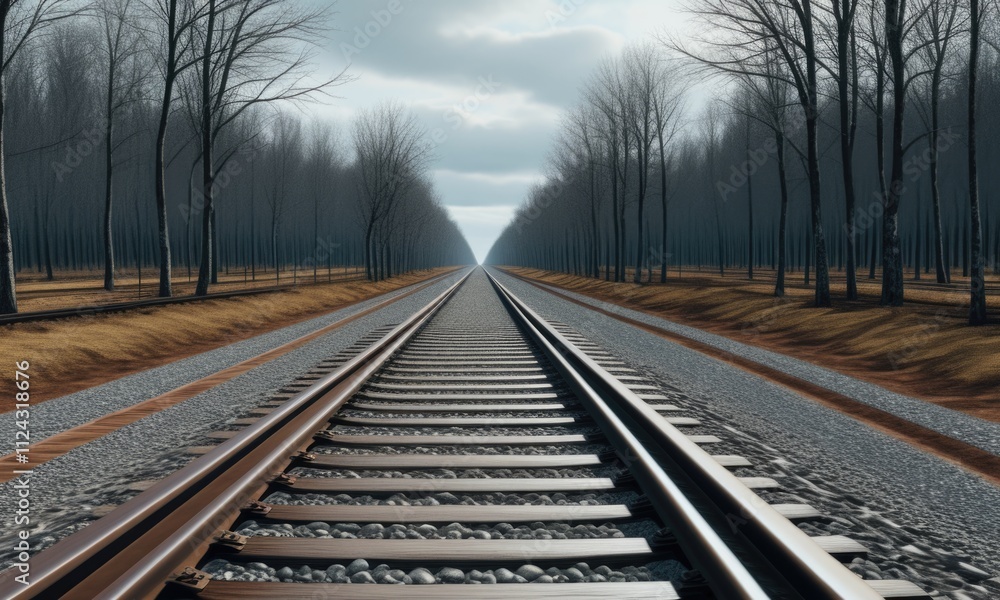 Fototapeta premium Symmetrical railway tracks stretching through a winter forest with bare trees